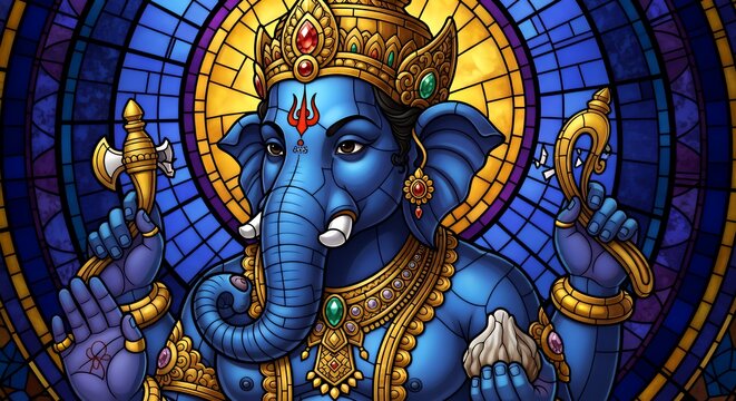 Vibrant, close-up stained glass artwork of Lord Ganesha, depicted with blue skin, holding a golden ankusha and modak. He wears an ornate gold crown and jewelry, with a prominent trident tilak 