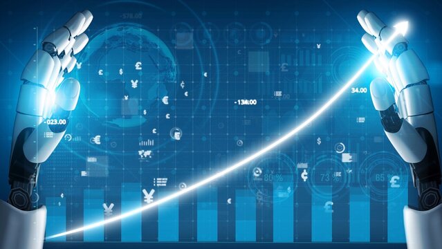 A captivating digital artwork featuring robotic hands lifting a graph adorned with currency symbols, symbolizing growth and innovation in finance and technology. Copula