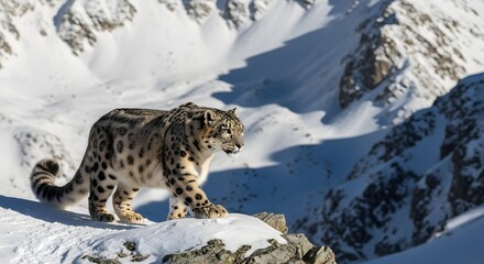 An elusive snow leopard stands majestically on a snow-covered peak, bathed in the soft glow of early morning sunlight in its mountain home