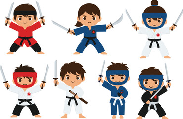 Cartoon martial arts characters, sword fighters in colorful uniforms, dynamic poses, karate, samurai, ninja warriors, action stances, vector illustration design