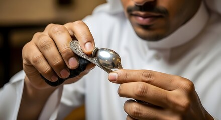 A person carefully pouring a shiny liquid from a small spoon into a container, demonstrating precision and attention to detail in a culinary or laboratory setting
