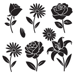 A set of eight different flower icons in black on a white background