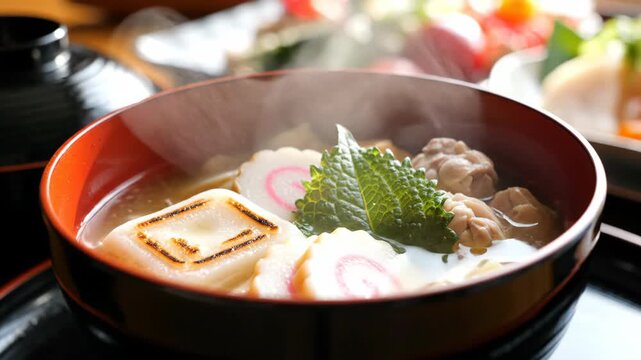 Traditional Japanese ozoni soup served on New Year&rsquo;s table
