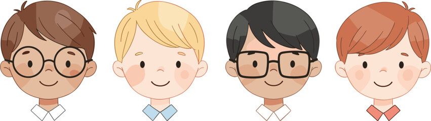 Cartoon boys group illustration, diverse children characters with different hairstyles and outfits, multicultural kids design for education, learning, friendship themes