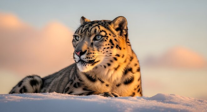 Stunning wildlife portrait of a majestic snow leopard resting on a snowy mountain peak, bathed in the warm golden light of a beautiful sunrise - Powered by Adobe