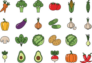 Cartoon vegetables and fruits illustration, carrot broccoli tomato corn onion garlic avocado pumpkin chili clipart, healthy food vector art, educational design