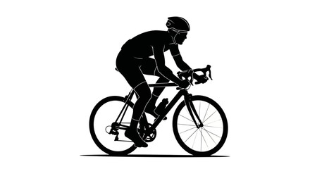 Silhouette of a cyclist in full racing gear on a road bike, captured in a dynamic side profile against a white background.