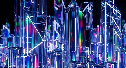 Abstract futuristic cityscape made of glass and light, digital art with vibrant neon colors, representing technology and innovation