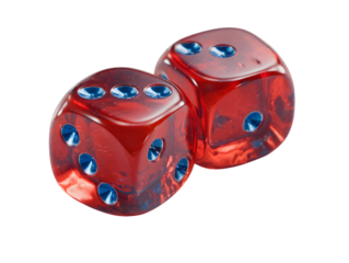 Two red dice with blue dots isolated on transparent background are displayed