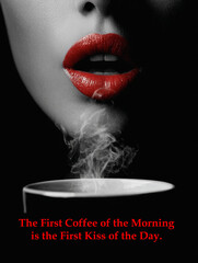 Red lips of a woman starting to drink a cup of steaming coffee on a dark background with the text: "The first coffee of the morning is the first kiss of the day." Portrait image.