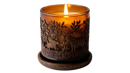 Ornate candle in amber glass with forest scene isolated on transparent background