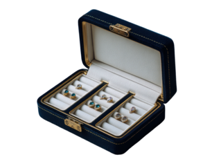 Open, blue velvet jewelry box with earring inserts