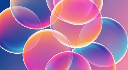 Abstract composition of overlapping translucent bubbles with vibrant pink, orange, and blue gradients