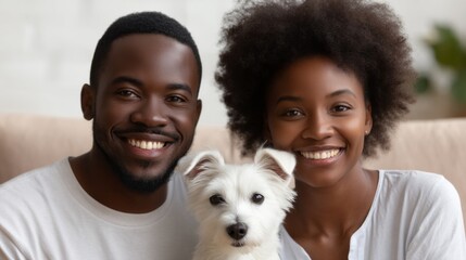 A joyful couple smiles brightly as they cuddle with their friendly dog on a soft couch. The sun filters through the window, creating a warm and inviting atmosphere. It’s a perfect moment together