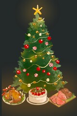 Christmas Party Food Set Illustration (Cake, Turkey, Roast Beef)