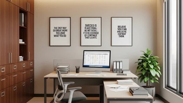 Cozy Office Space with Inspiring Quotes, Desk, Computer, Plant, and Stylish Interior Design