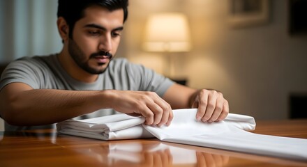 A young man carefully folding a white cloth or garment at a wooden table in a cozy indoor setting with warm lighting and home decor in the background