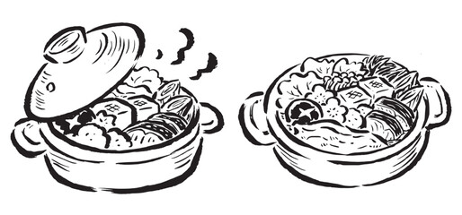 寄せ鍋・ちゃんこ鍋などのオーソドックスな鍋料理　単色線画のみ　筆タッチ手描きイラスト