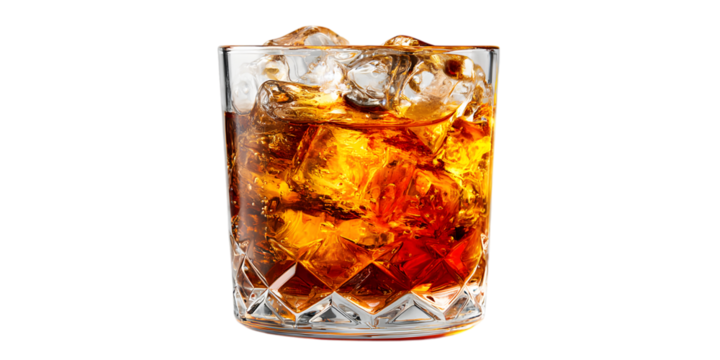 Refreshing whiskey on the rocks isolated on transparent background, a timeless classic