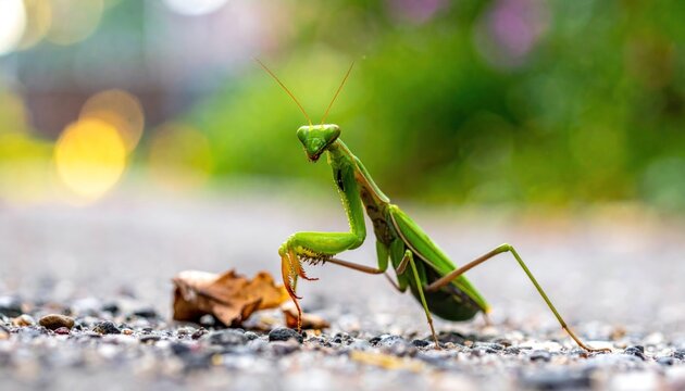 A detailed image of a green praying mantis on a paved surface