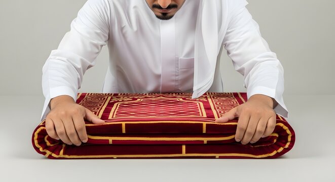 A person in a white shirt carefully rolling out a prayer rug on a plain white surface, preparing for a religious or spiritual practice