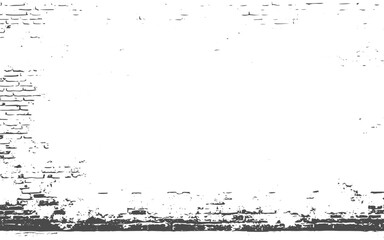 A black and white image showing a brick wall with some damage and missing pieces of the brickwork. Use for decoration, aging or old layer, Distress Overlay Texture, transparent background