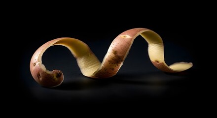 A single potato peel spiraled elegantly against a dark background studio shot