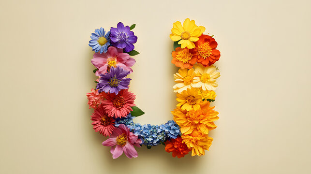 Unique floral letter U design for spring celebrations, perfect for personalized cards and invites, vibrant and colorful flower arrangement for creative projects