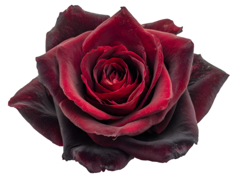 Closeup of a dark red rose isolated on transparent background, showcasing its petals