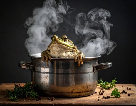 A frog sits in a pot surrounded by steam, with herbs and spices