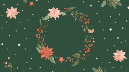Digital illustration of a wreath made of flowers and leaves on a dark green background. the wreath is made up of pink poinsettias, red berries, and green leaves.