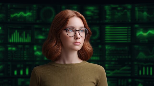 A thoughtful woman with red hair and glasses stands against a backdrop of green data visuals, suggesting a focus on technology or analytics.