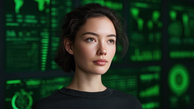 A focused portrait of a young woman against a backdrop of green digital data, conveying a sense of technology and innovation.