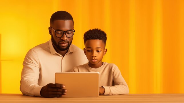 A man and a boy are engaged with a tablet, sharing a moment of learning or play in a warm, yellow-toned setting.