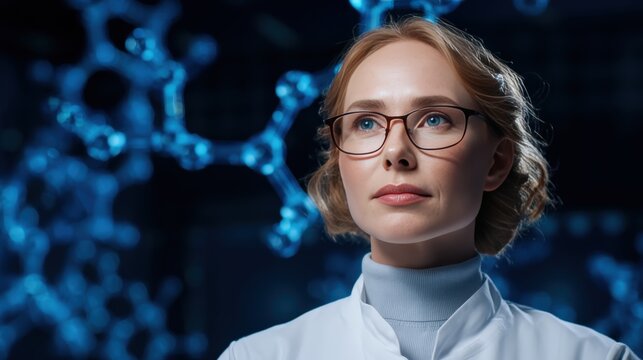 A focused scientist in a lab coat gazes thoughtfully against a backdrop of blue molecular structures, evoking innovation and research in science.