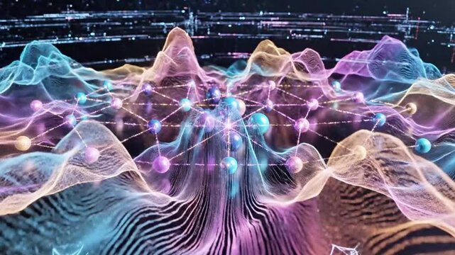 Quantum computing visualization, with entangled particles and probability waves.