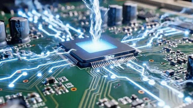 Microchip circuit board with animated electricity flowing along the paths