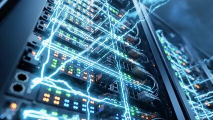 Server rack with blinking lights and glowing data transfer lines. - Powered by Adobe
