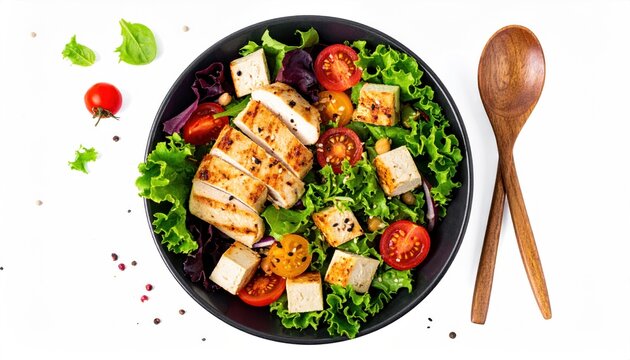 A healthy salad with grilled protein, vegetables, and greens - Powered by Adobe