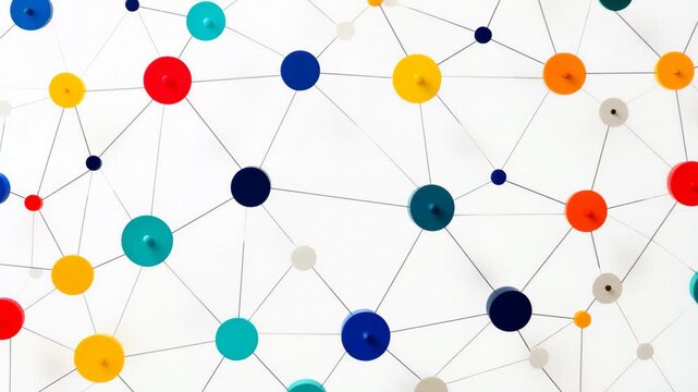 A vibrant pattern features various colored circles connected by thin lines, forming an intricate network on a white background, ideal for modern design applications.