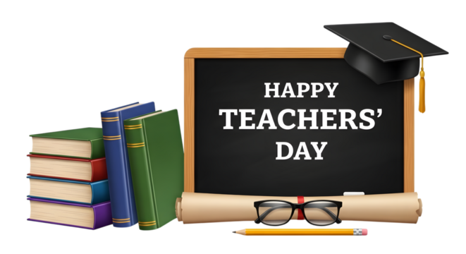 Happy teachers day celebration with books, graduation cap, glasses, and pencil on a blackboard, isolated on transparent background