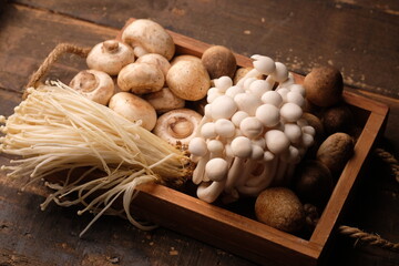 assorted of mushroom, enokitake, white shimeji, Agaricus bisporus mushroom, straw mushroom....