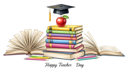 Happy teachers day illustration with a stack of colorful books, an apple, a graduation cap, and open books, isolated on transparent background