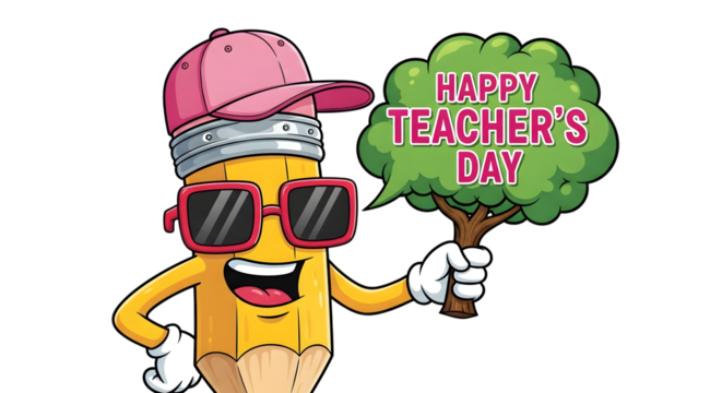Happy teachers day cartoon pencil character with sunglasses and a pink cap holding a tree with a speech bubble saying happy teachers day, isolated on transparent background - Powered by Adobe