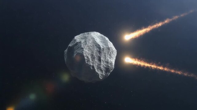 Scientific visualization of a rogue asteroid breaking up, with fiery meteor fragments streaking through the cosmos on a cosmic trajectory