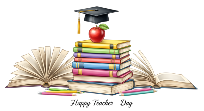 Happy teachers day illustration with a stack of colorful books, an apple, a graduation cap, and open books, isolated on transparent background