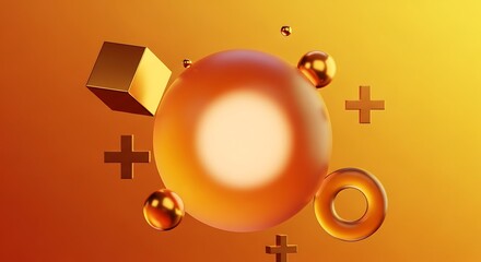 Abstract 3d composition with orange sphere, golden cube, torus, and plus shapes on yellow orange gradient background