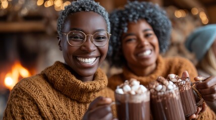 Fototapeta premium A cozy gathering unfolds as friends wearing chunky sweaters cheerfully lift their mugs filled with hot cocoa topped with marshmallows. The inviting glow of the fireplace enhances the warm atmosphere