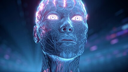 A futuristic human-like figure showcasing intricate neural connections and glowing features, set in a high-tech environment. Ideal for technology themes. - Powered by Adobe