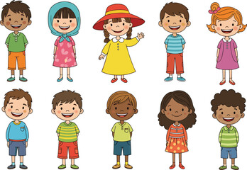 Group of diverse cartoon children, smiling boys and girls, colorful outfits, cheerful kids standing together, unity, friendship, playful vector illustration design